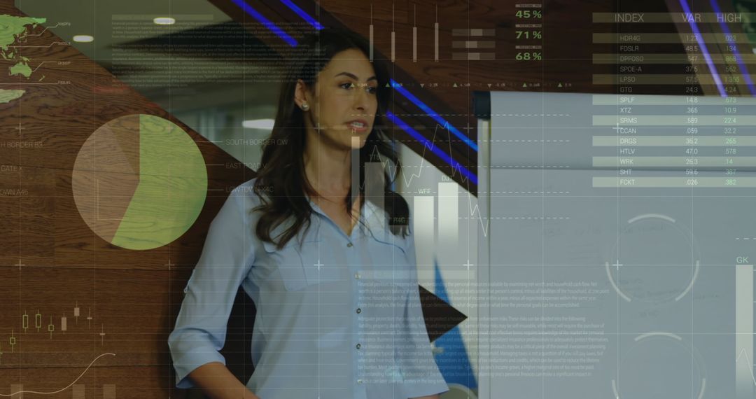 Professional Woman Analyzing Futuristic Data Graphics