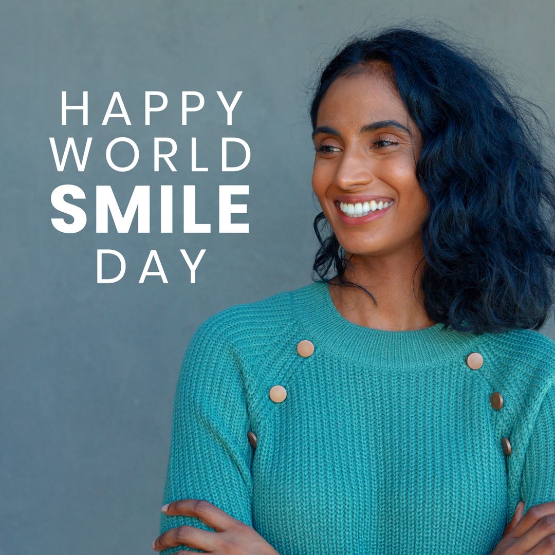 Happy World Smile Day Woman in Teal Sweater Expresses Joy