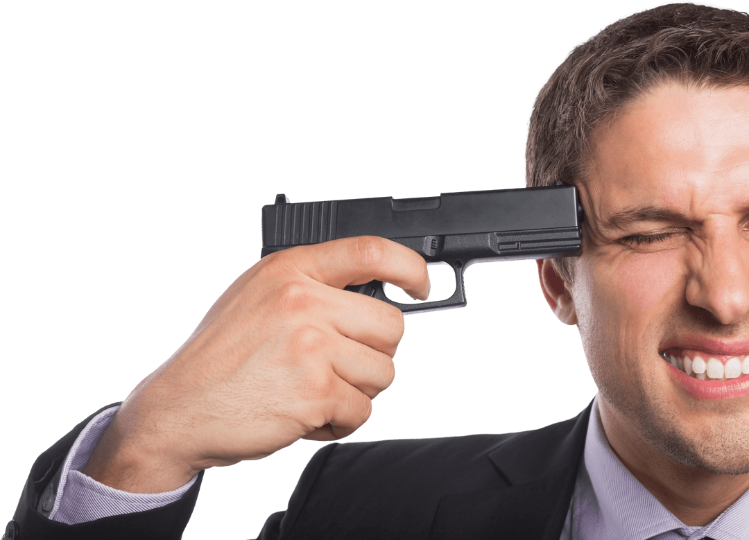 Caucasian Businessman with Gun Against Head on Transparent Background