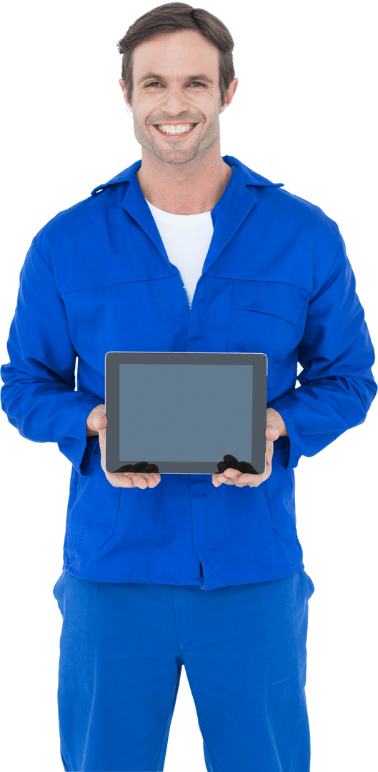 Smiling Mechanic Holding Digital Tablet in Blue Uniform Transparent Background
