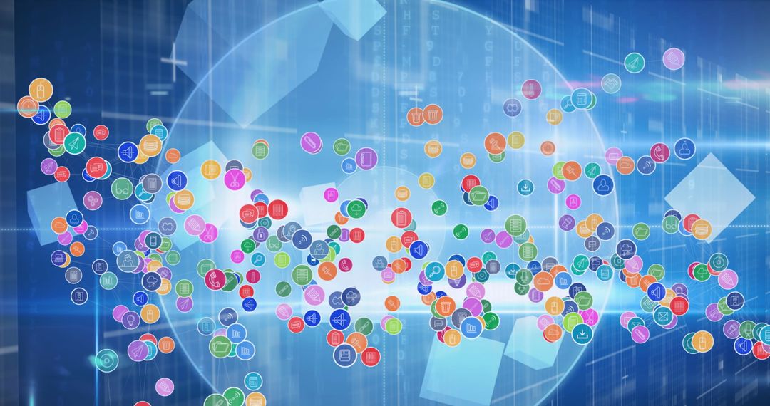 Colorful Digital Network Icons on Abstract Blue Background