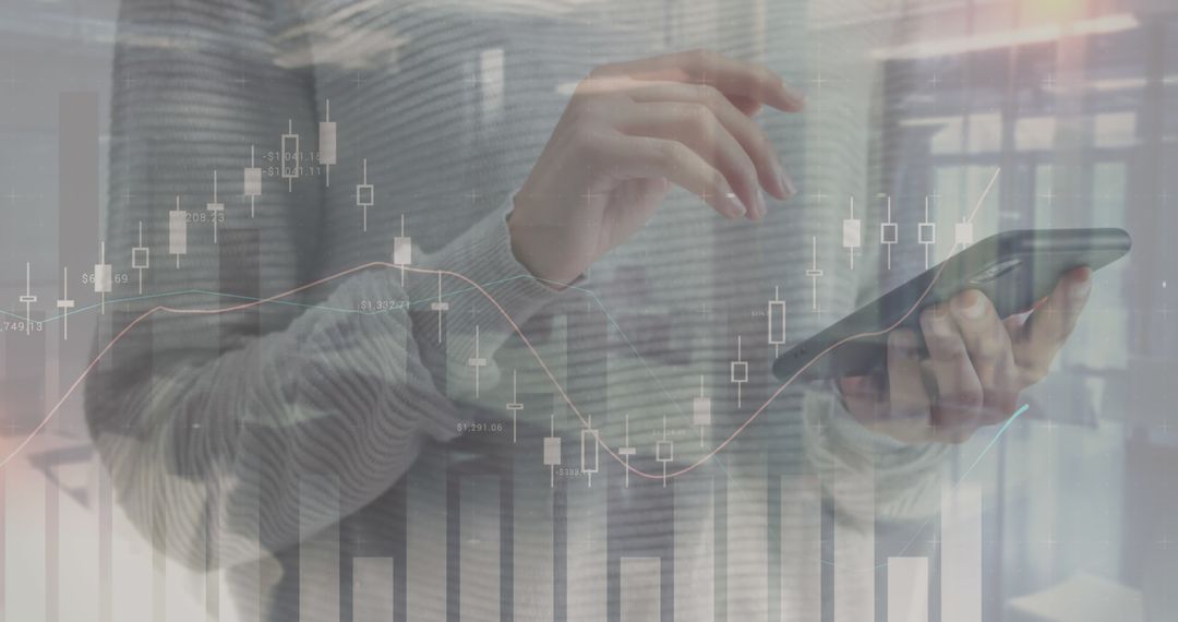Woman Analyzing Financial Data on Smartphone with Digital Chart Overlay