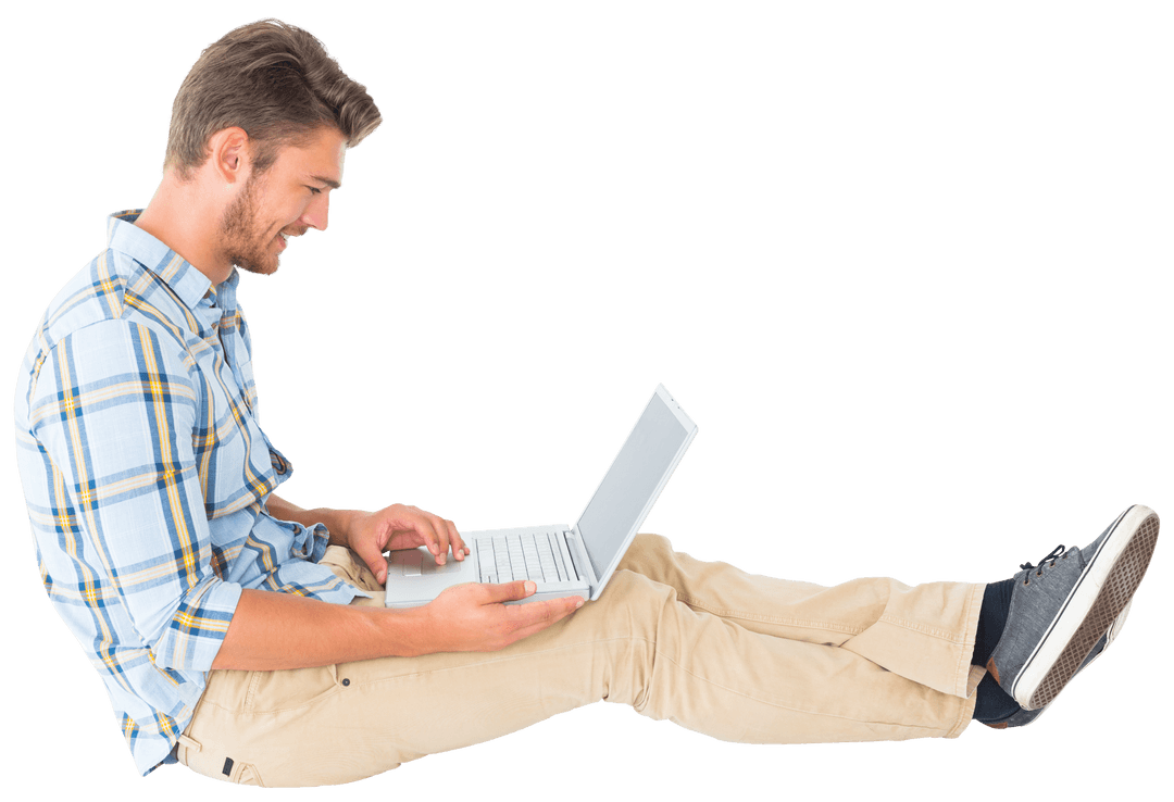 Happy Man in Casual attire working on Laptop with Transparent Background