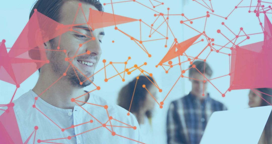 Smiling Man Engaged with Digital Network Visualization Technology