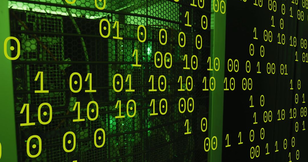 Binary Code Overlay on Green Server Room