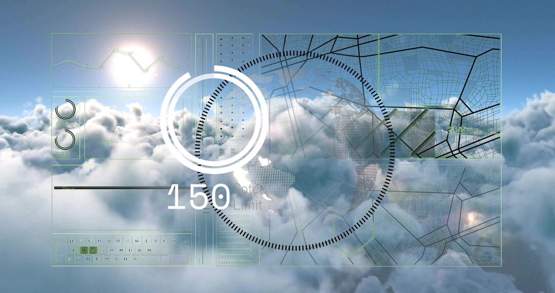 Futuristic HUD overlay displaying navigational data over high-altitude cloudscape