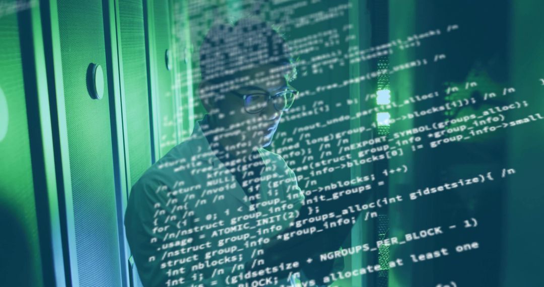 Data Engineer Analyzing Code in Futuristic Data Center