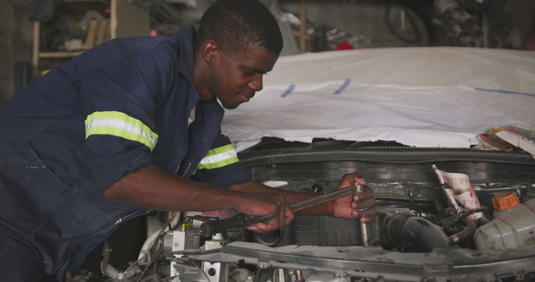 African Mechanic Repairing Car in Township Workshop