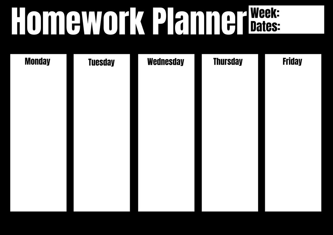 Weekly Homework Planner Template for Students with Black Background