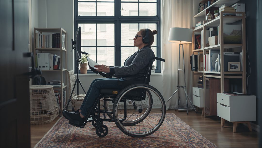 Focused Woman Using Technology in Accessible Home Office Environment