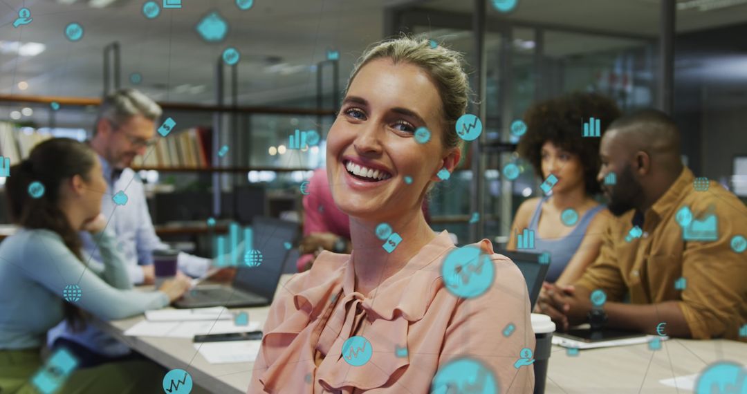 Smiling Businesswoman in Futuristic Office with Digital Icons Overlay - Free Images, Stock Photos and Pictures on Pikwizard.com