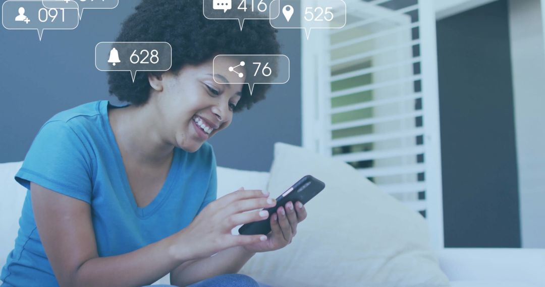 Smiling Woman Engaging with Social Media on Smartphone at Home