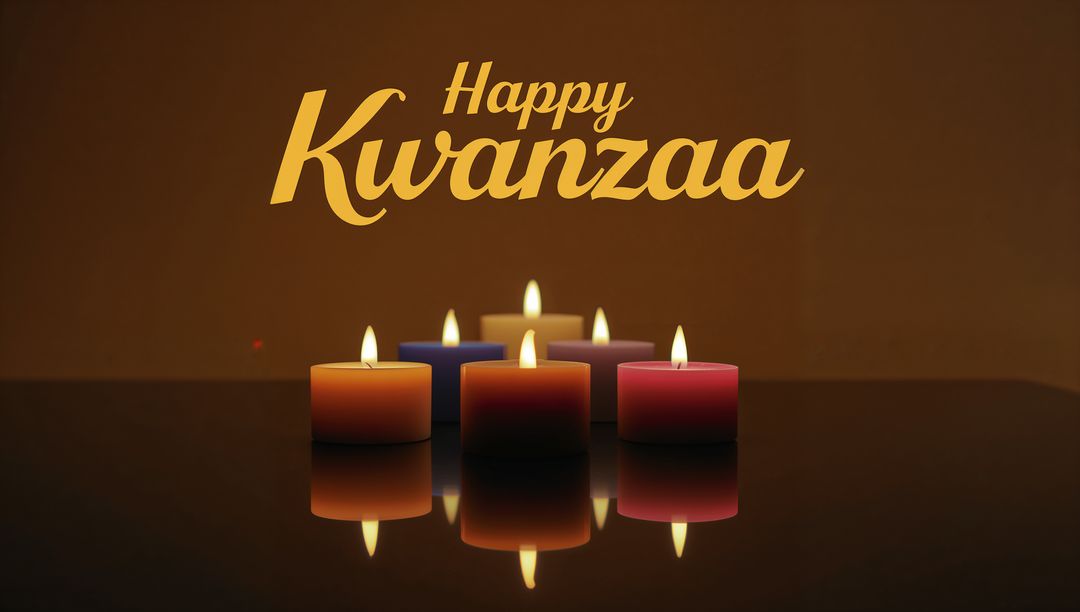Happy Kwanzaa Candles Glowing and Reflecting on Glossy Tabletop with Warm Flames