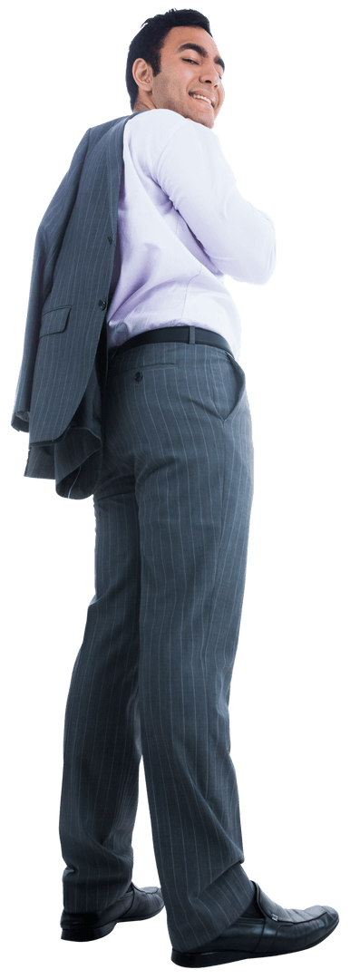 Asian Businessman Smiling Holding Suit Jacket on Transparent Background