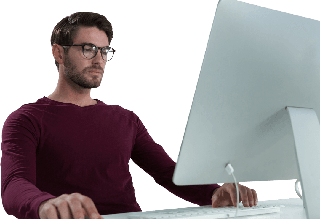 Focused Man in Glasses Using Computer on Transparent Background
