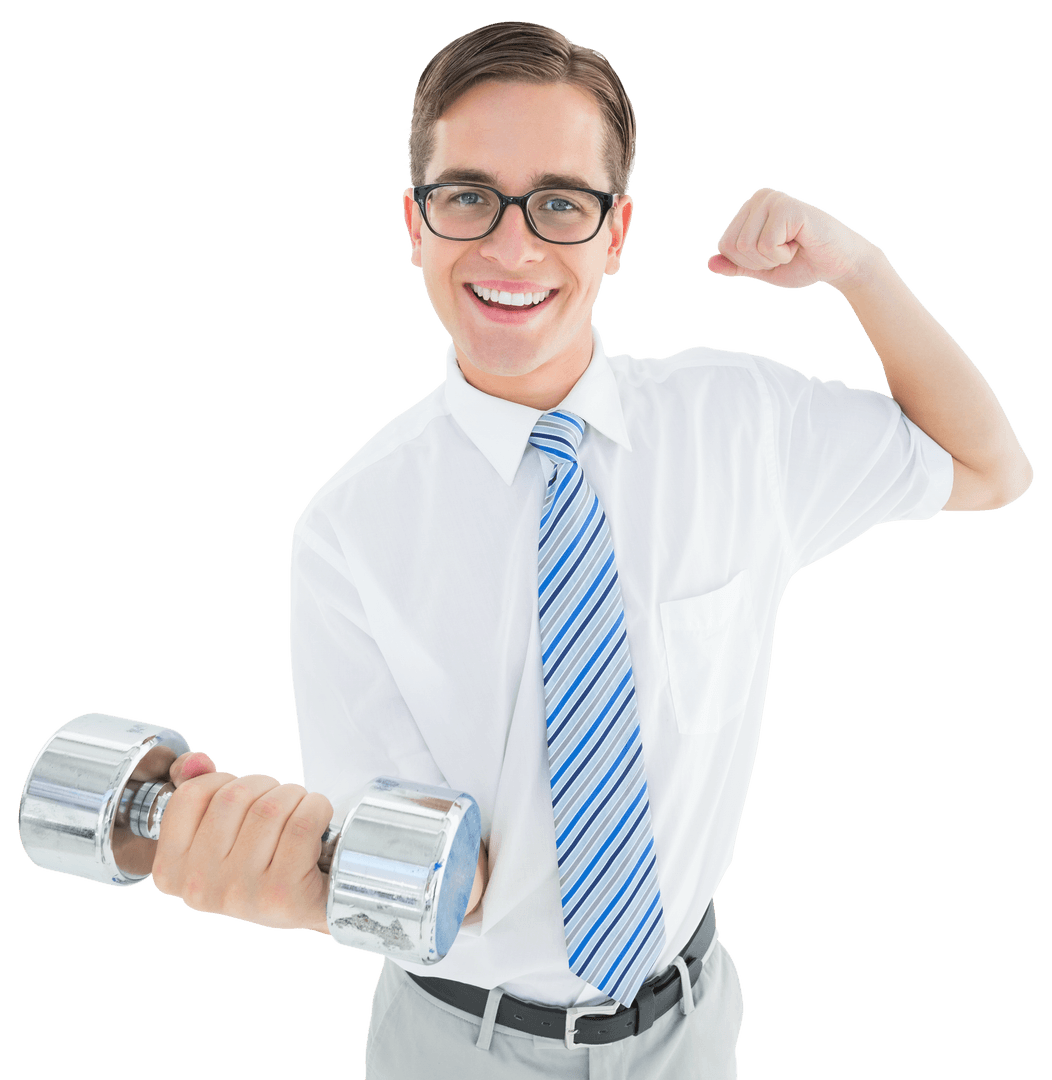 Happy Businessman Lifting Dumbbell with Transparent Background
