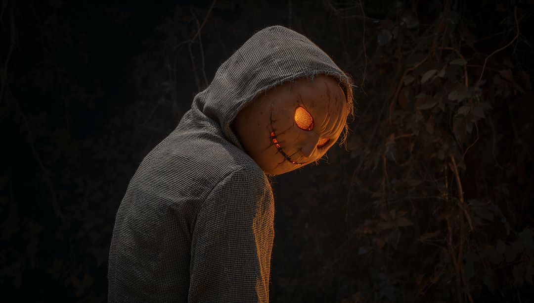Spooky Figure with Glowing Pumpkin Head in Dark Forest