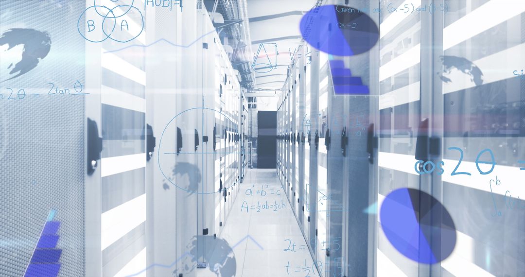 Advanced Data Center Corridor with Overlaid Digital Graphics