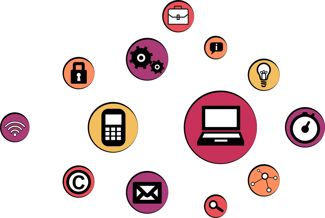 Colorful Business and Technology Symbols on Transparent Background