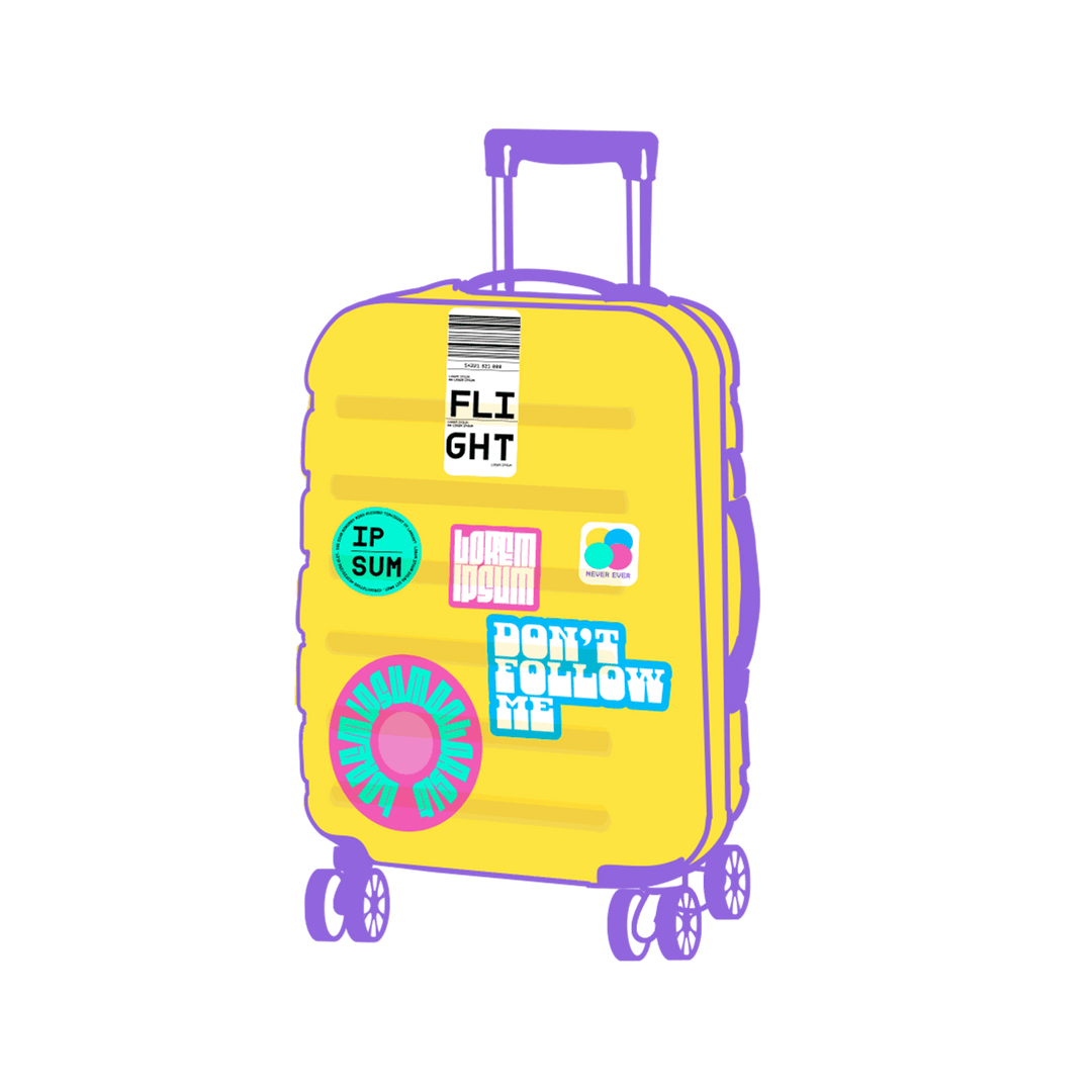 Yellow Suitcase with Stickers and Purple Details on Transparent Background