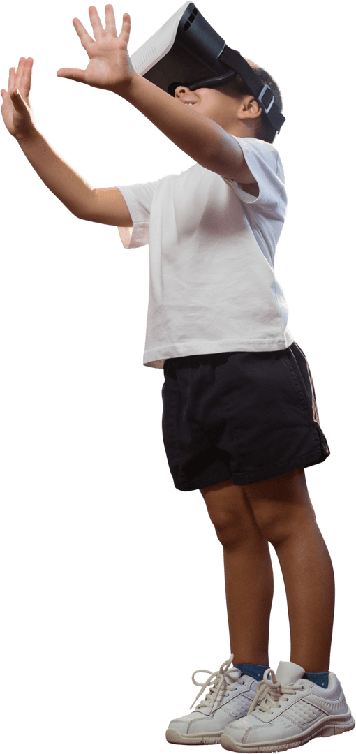 Enthusiastic Asian Child Engaging with Transparent VR Experience