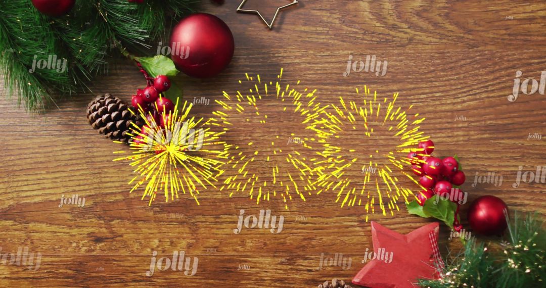 Festive Christmas Background with Decorations and Fireworks