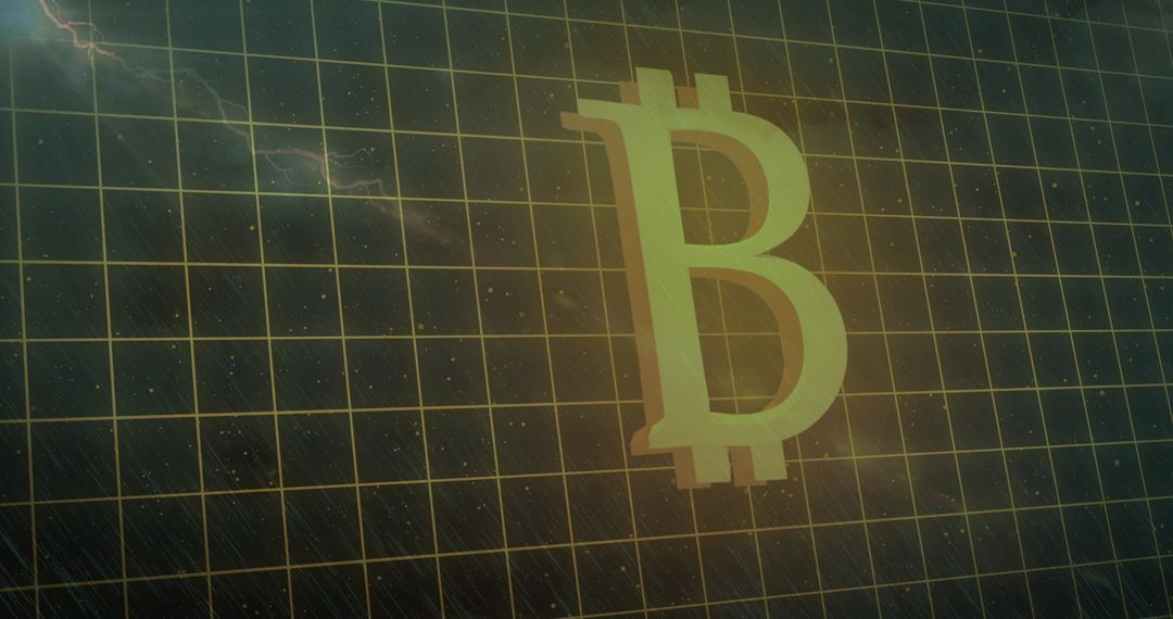 Bitcoin Symbol Over Digital Grid with Thunderstorm Concept