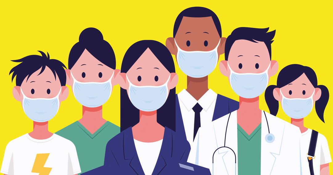 Group of Diverse People Wearing Masks Against Yellow Background