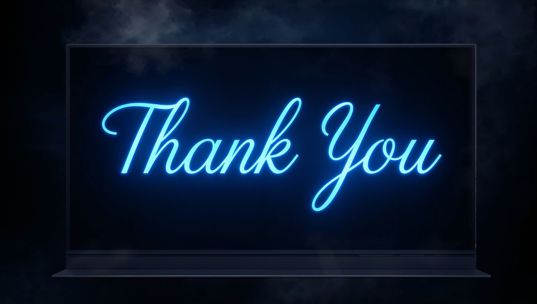 Electric Blue Neon Thank You Sign on Glass Panel with Foggy Studio Glow and Luminous Cursive Script