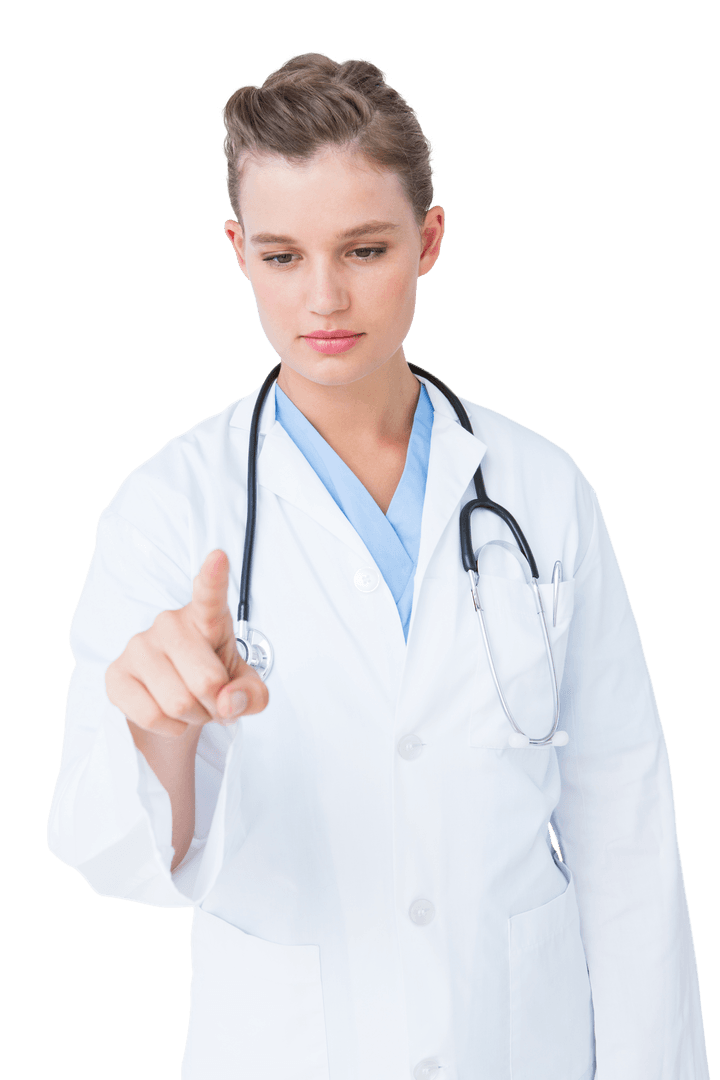 Transparent Doctor Pointing Upward in Air with Serious Expression