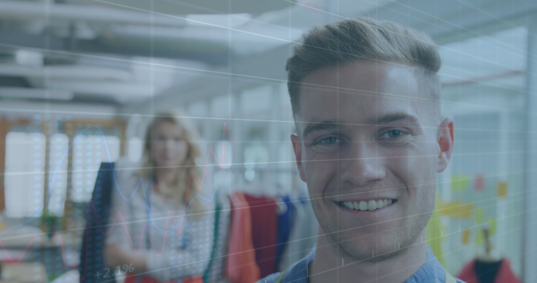 Smiling Business Professionals Analyzing Digital Data in Modern Office