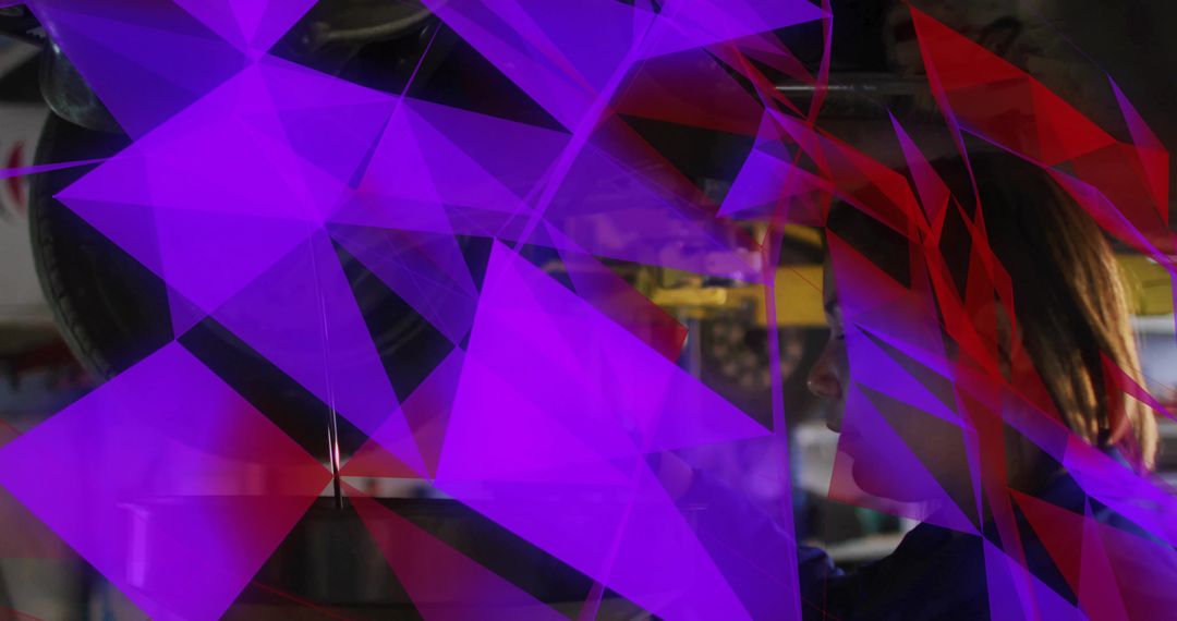Female Auto Technician Inspecting Car Undercarriage with Abstract Purple Triangle Overlay