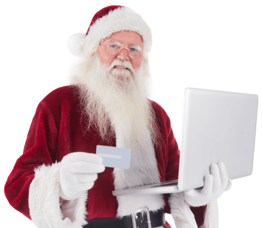 Santa Using Laptop and Credit Card on Transparent Background