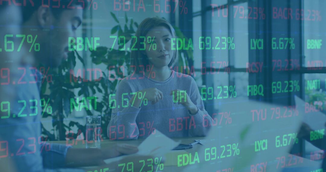 Business Professionals Analyzing Stock Metrics with Digital Projection