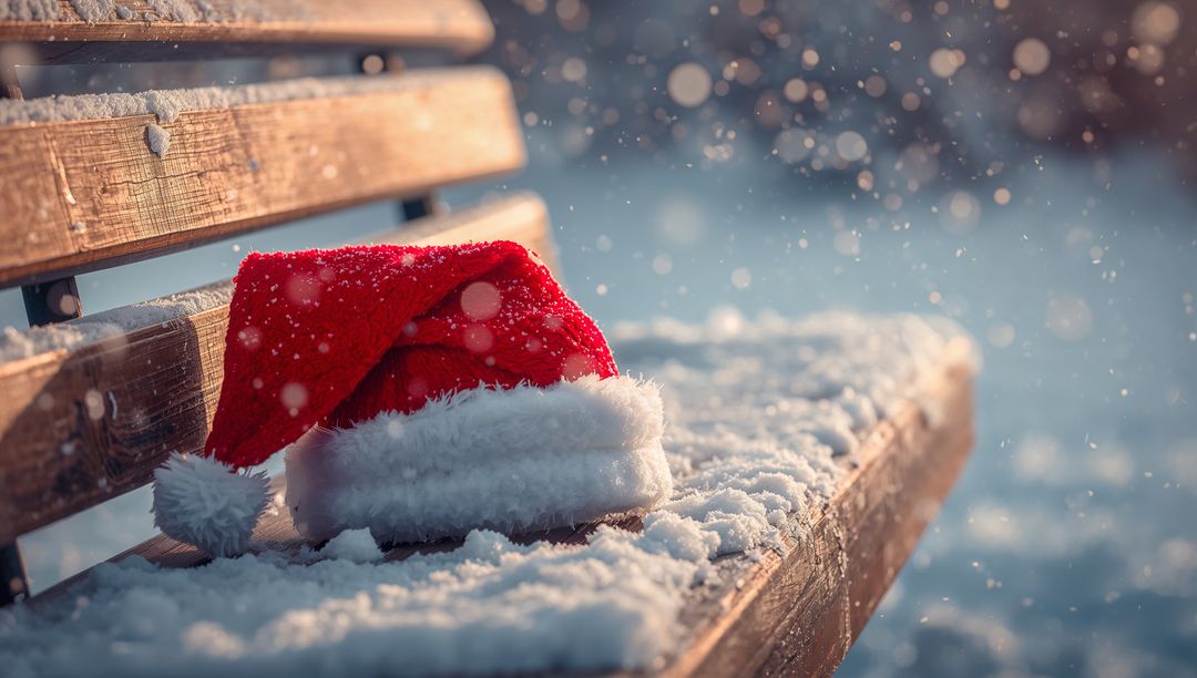 Lonely Santa Hat Resting on Snow-Covered Bench with Warm Bokeh and Falling Snow