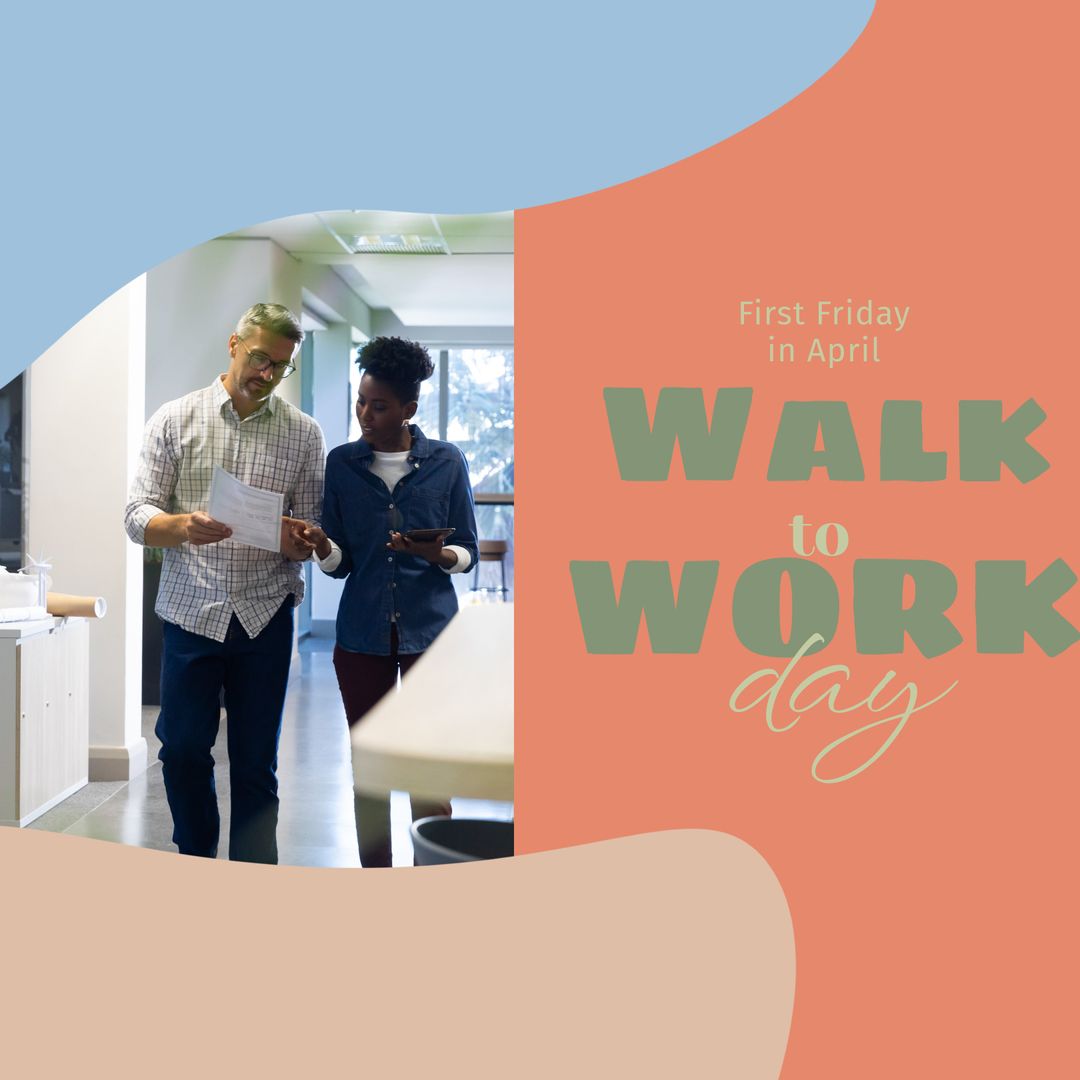 Colleagues Reviewing Documents, Promoting Walk to Work Day