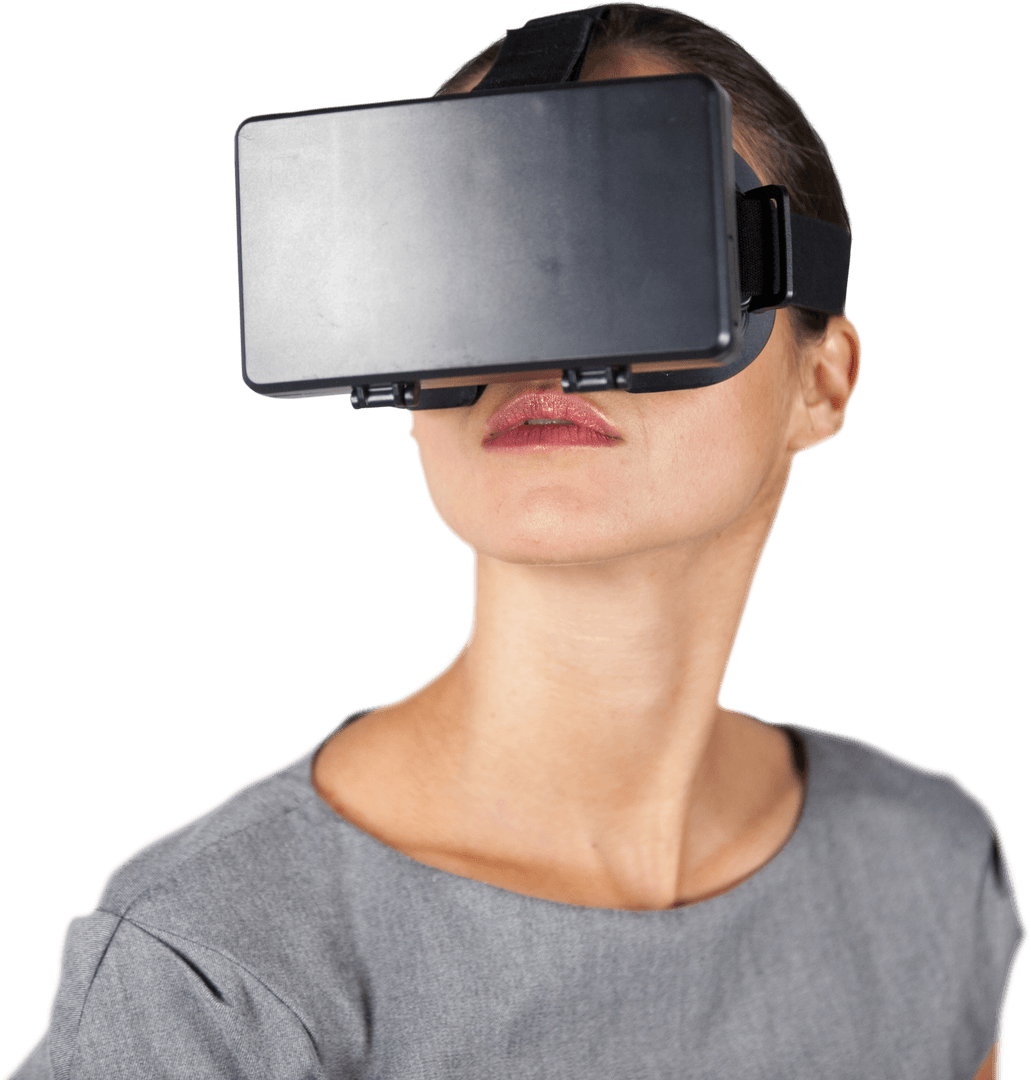 Woman Engaged with Virtual Reality Headset on Transparent Background