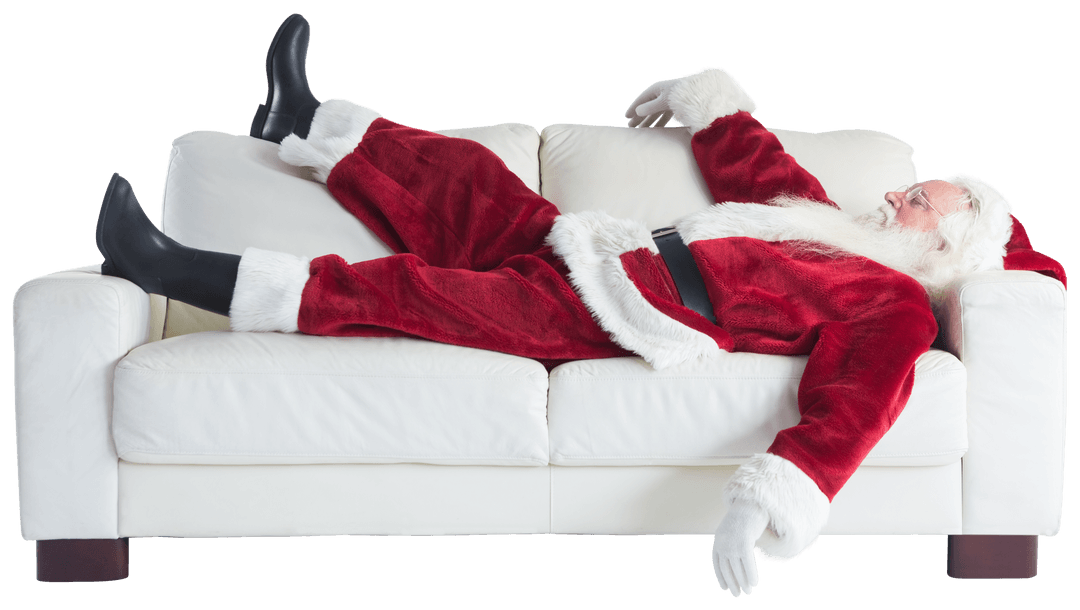 Relaxing Santa Claus Sleeping on White Sofa with Transparent Background