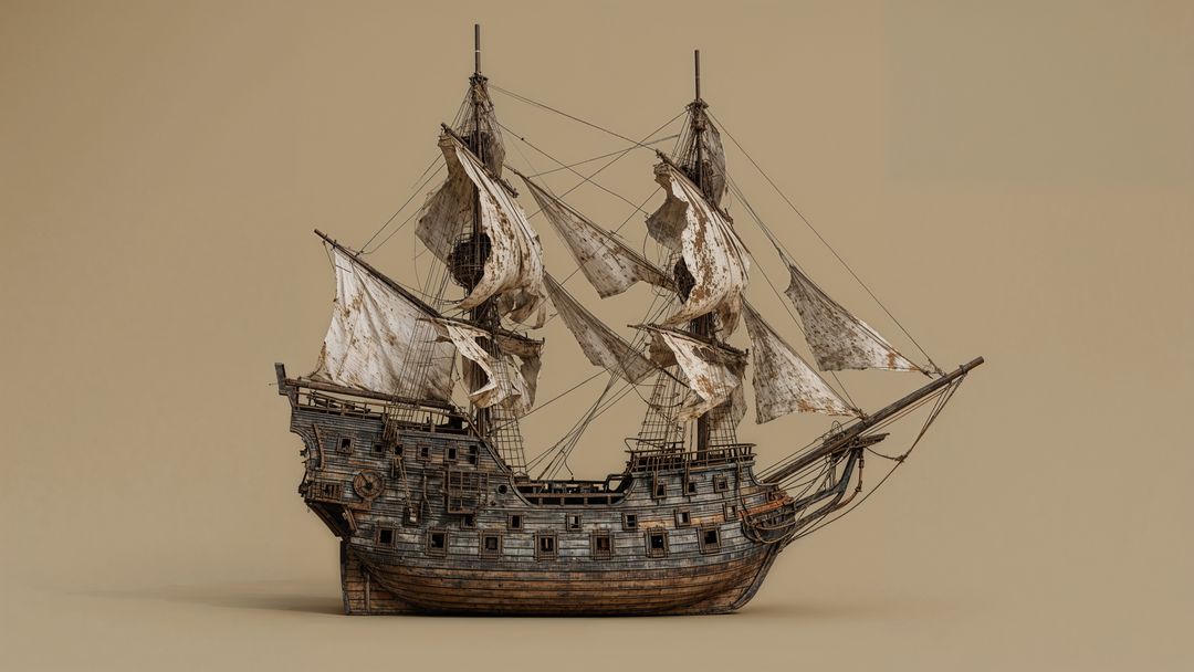Vintage detailed pirate ship with worn sails and rigging