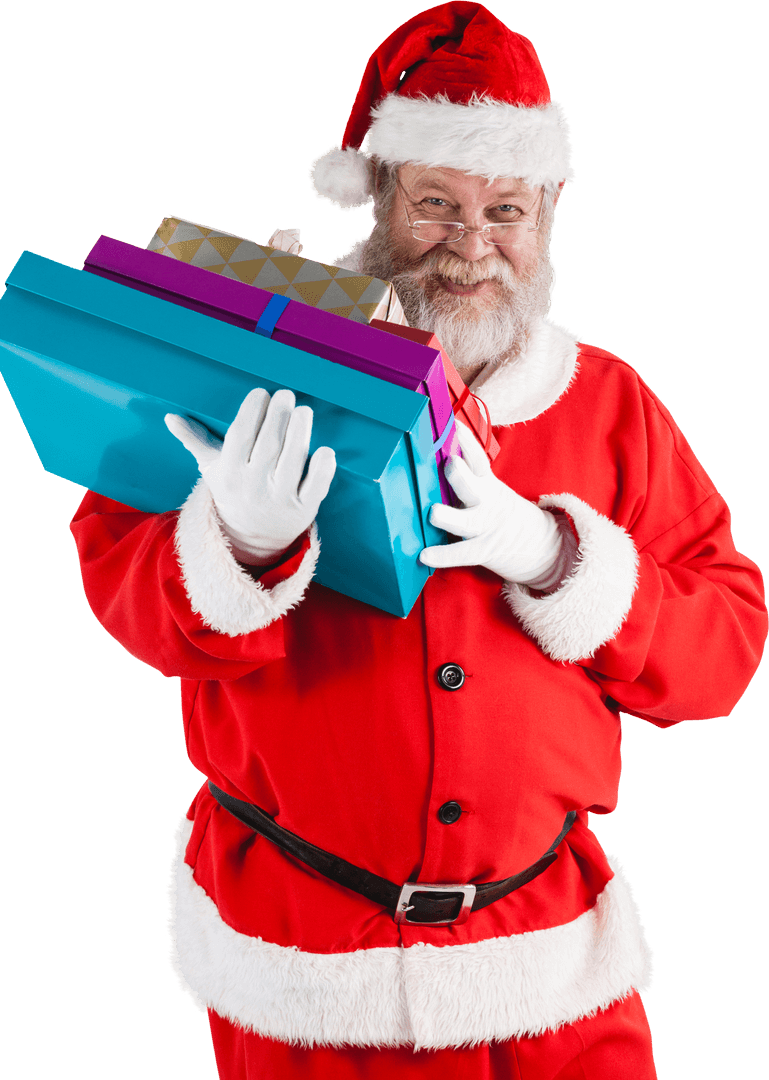 Jolly Santa Claus Holding Gifts on Transparent Background