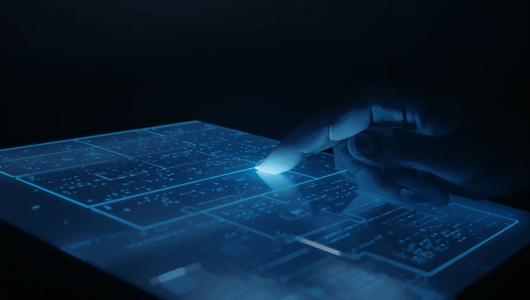 Tapping Ringed Fingertip Activating Futuristic Glass Tablet with Neon Blue Circuit UI