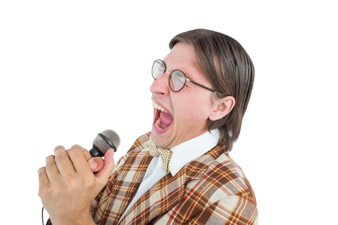 Funny Hipster Singing Passionately with Microphone Transparent