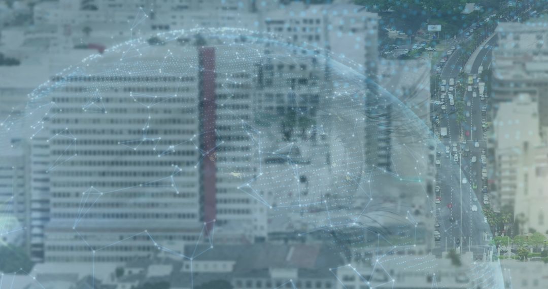 Futuristic Data Overlay on Urban Cityscape Illustrating Digital Connectivity