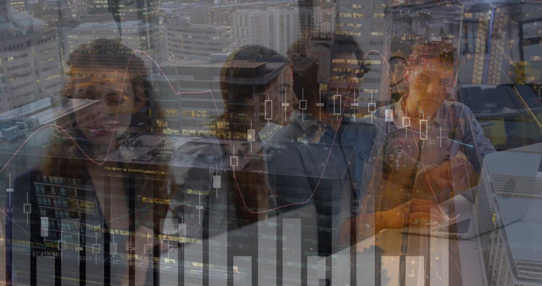 Business Discussions with Financial Data Over Cityscape