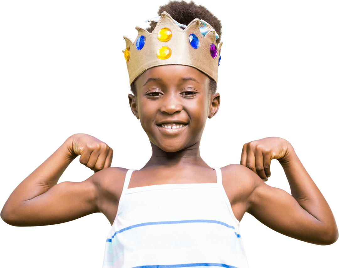 Smiling Little Girl Wearing Crown Flexing Muscles Transparent Background