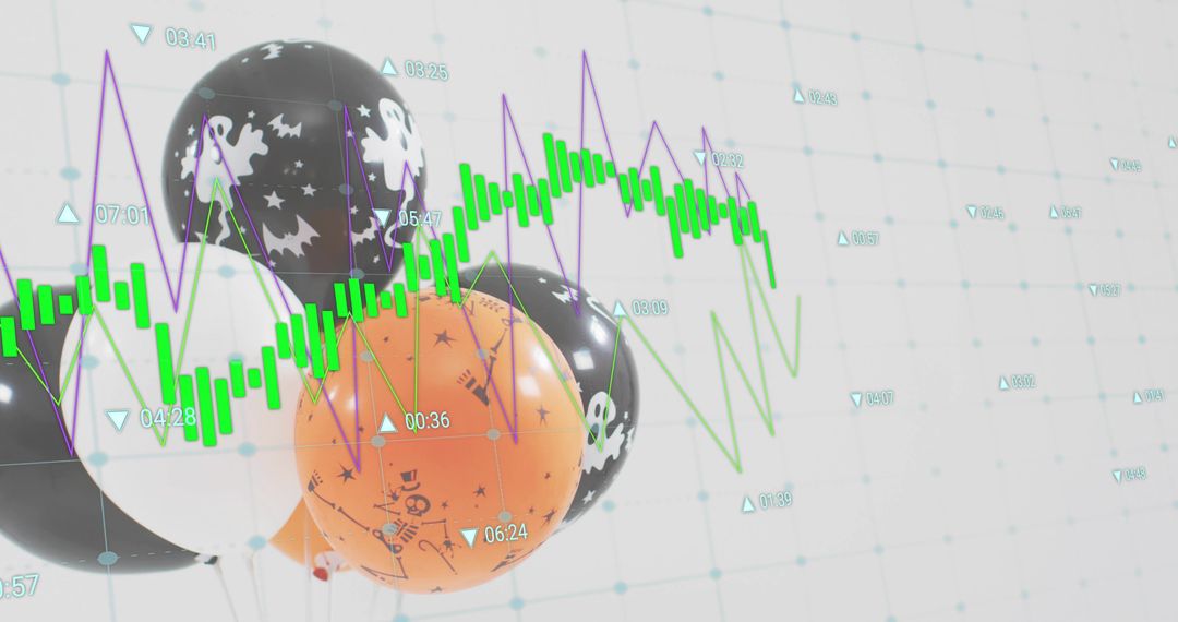 Halloween balloons merging with financial charts and candlestick dashboard overlays