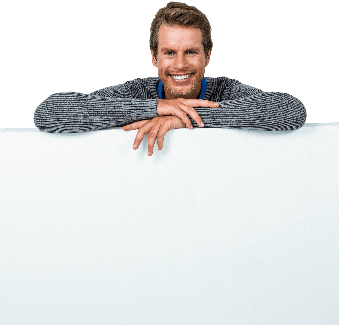 Smiling Man Behind Transparent Table with Blank Space - Download Free Stock Images Pikwizard.com
