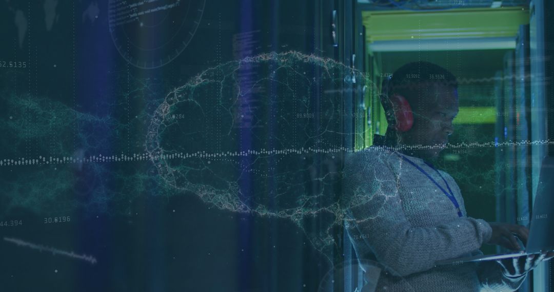 Digital Fusion: AI Tech Brain Overlaps IT Specialist in Data Center