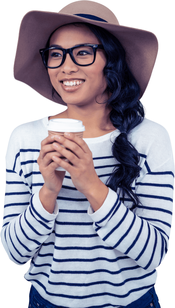 Smiling Woman in Hat and Glasses Holding Coffee Cup on Transparent Background