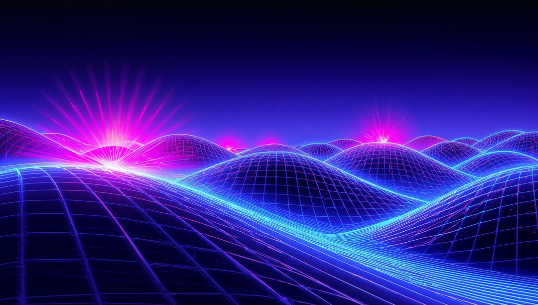 Retrofuturistic Neon Wireframe Landscape Showing Glowing Cyan Grid and Magenta Bursts